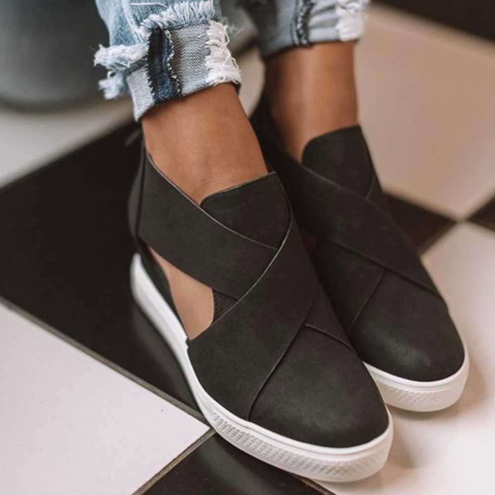 Black vegan suede hidden wedge cut out sneakers